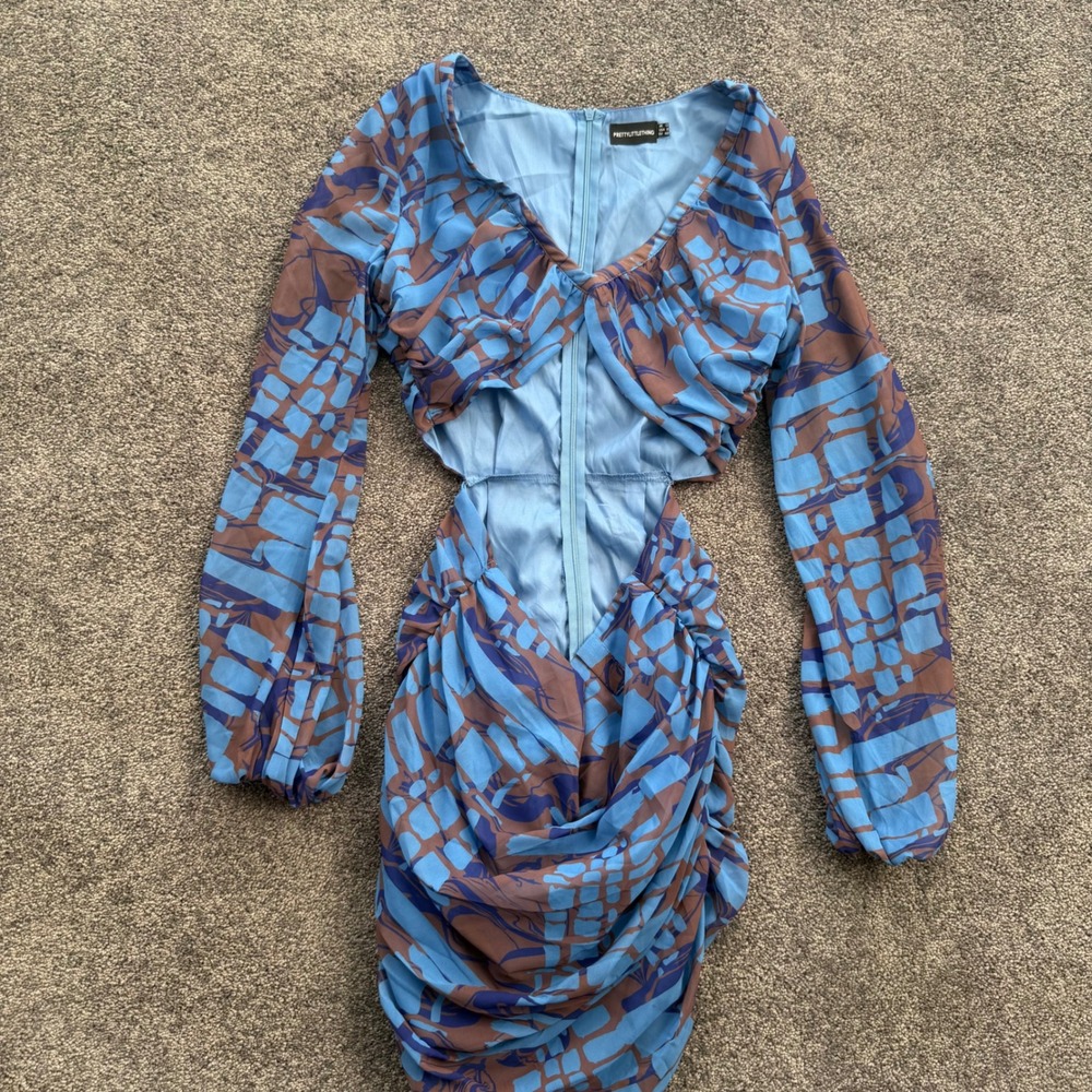PrettyLittleThing Blue Abstract Print Cut Out Ruched Mini Dress Womens 8